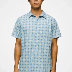 Prana Mens sz M Blue Yellow Sun Dress Shirt Buttons Up Cotton Blend Short Sleeve